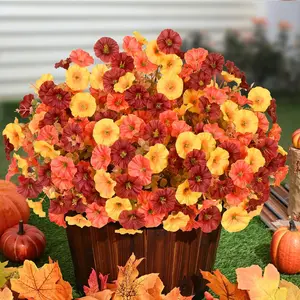 Artificial Mums for Outdoors, 12 Bundles Faux Mums for Outdoor Planters, Fall Flowers Artificial for Decoration, UV Resistant Fake Flowers for Garden Porch Yard Patio, Artificial Potted Flower, Brown, Orange & Yellow, Decorative