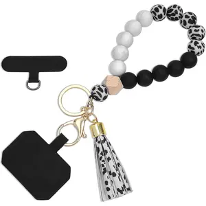 Phone Lanyard Silicone Beaded Phone Wrist Strap Cute Elastic Cell Phone Wristlet Chain Bracelet with 2 Tether Tab