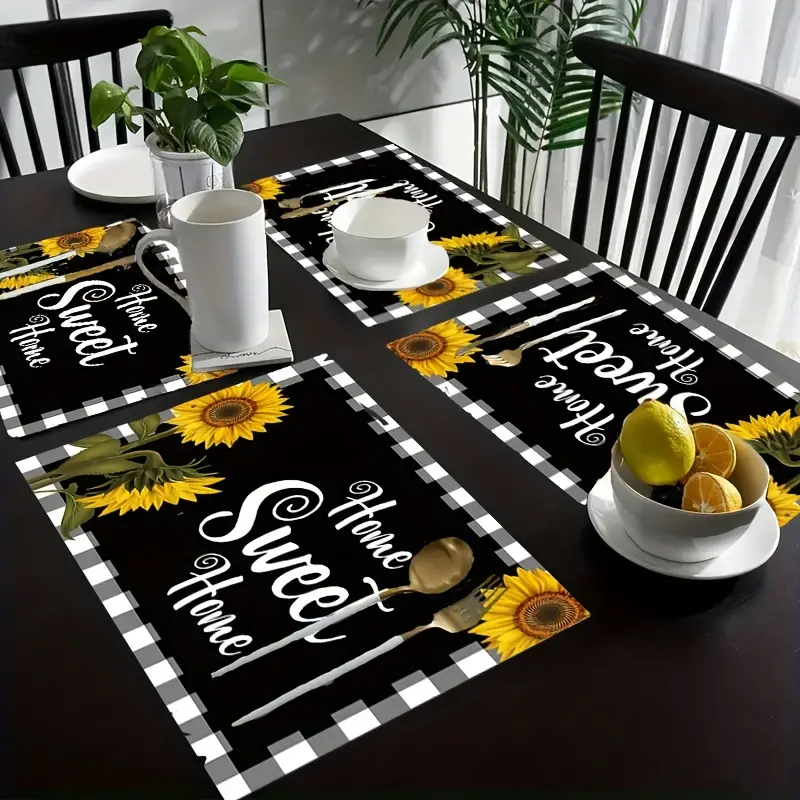 4/6pcs Sunflower Home Decor Kitchen Placemats, Geometric Patterned Table Mats with Printed Heat Insulation, Available in Sets of 4 Or 6, Measuring 12×18 Inches, Suitable for Outdoor Family Gatherings And Kitchen Dining Events