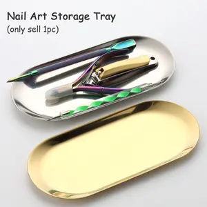 Oval Stainless Steel Nail Art Storage Tray, Gold & Silver Metal Organizer Dish for Manicure Tools, Nail Decorations Display Plate Jewelry Rhinestone Cosmetic Accessory Holder, Nail Tool Box (Only Tray)