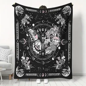 Soft Flannel Blanket with Skull Moth Pattern, Cozy Warm Nap Throw, Storage Bag Included, Ideal for Home Office Travel Halloween Decor