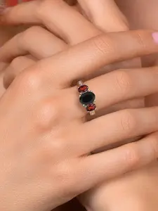 Vintage Black Onyx and Red Garnet Three-Stone Ring - Gemstone Jewelry - Perfect for weddings, engagements, anniversaries, commitments, Mother's Day, and graduation season