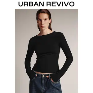URBAN REVIVO Women's Casual Long-Sleeve Round Neck Ruched T-Shirt - 1-Piece Versatile Everyday Clothes, Pair with Jeans, Flare Sleeve Option (UWM450191)