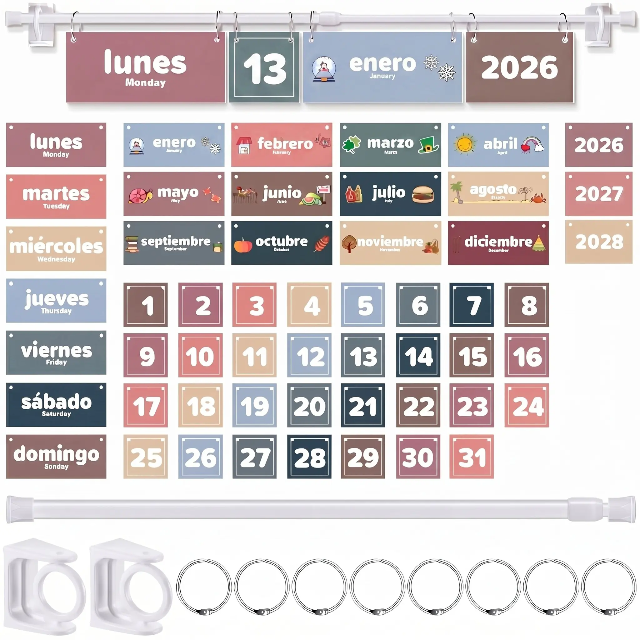 Spanish Classroom Flip Calendar Back to School Reusable Classroom Calendar Calendario Espanol First Day of School Bulletin Board White Board Classroom Decor Teacher Hack Organization Kit Include Rod and 54 Date Cards for Preschool kindergarten Primary