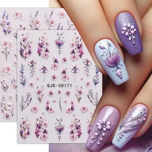 Spring Summer Embossed Floral Nail Stickers, 5D Daisy Wildflower Self Adhesive Relief Nail Art Stickers Nail Decals, Nail Art Decorations, DIY Manicure Accessories