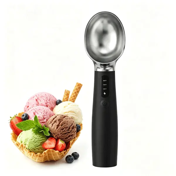 Electric heated ice cream scoop, fast heating with 3 temperature settings (120/140/160°F), rechargeable 2600 mAh battery, LED display, IPX7 waterproof, ergonomic non-slip handle for ultra-hard ice cream