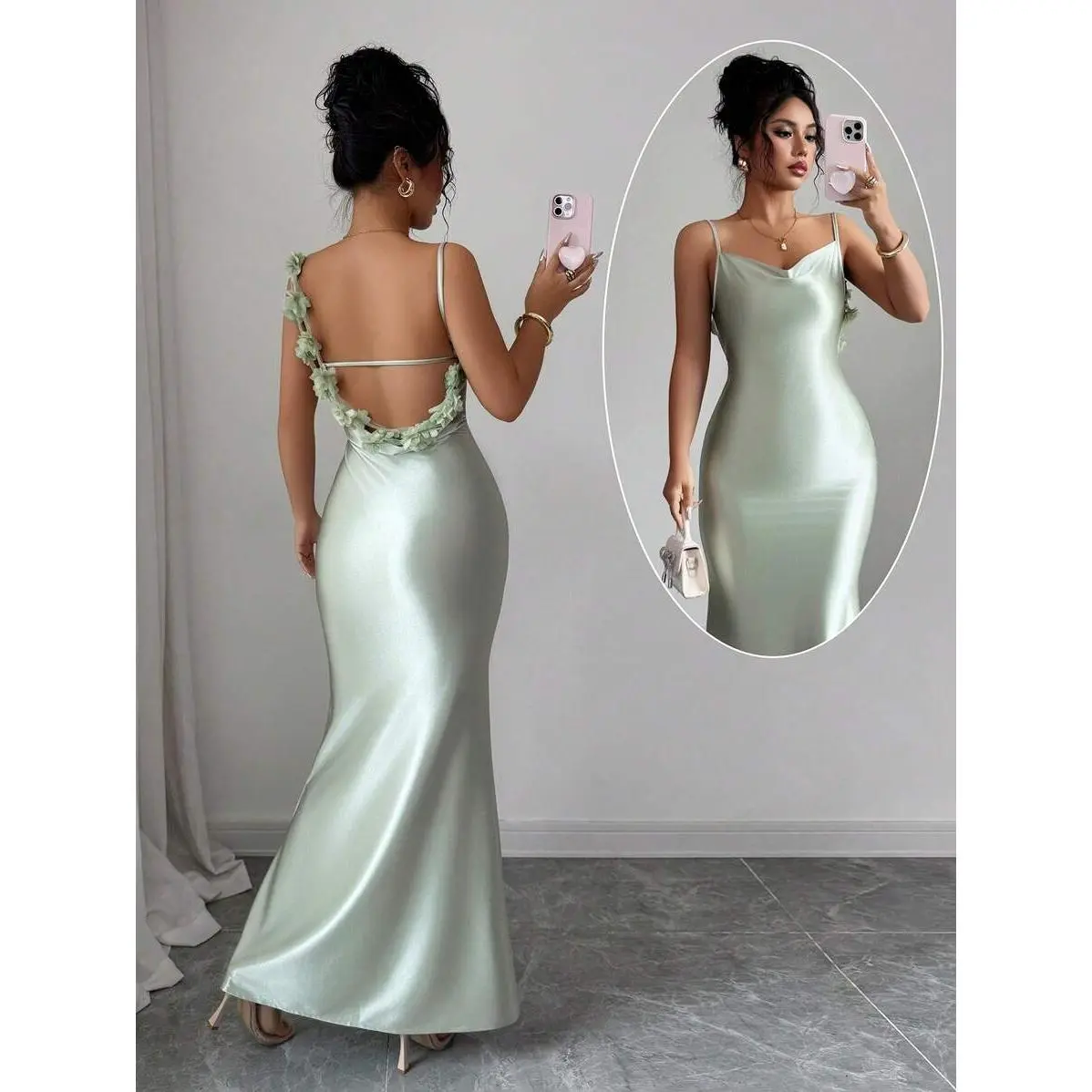 Elenzga Women's Elegant Satin Formal Wear Dress - 3D Floral, Spaghetti Strap, Backless, Waist-Cinched Summer Evening Gown Suitable for Gala, Festival