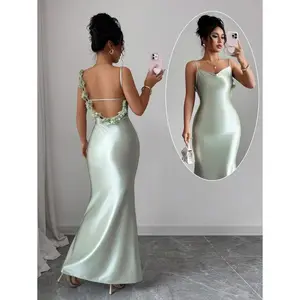 Elenzga Women's Elegant Summer Evening Dress, 3D Floral, Satin Spaghetti Strap Backless Waist Cinched Dress, Suitable For Gala, Party, Luxury Evening Gown Fabric Fit