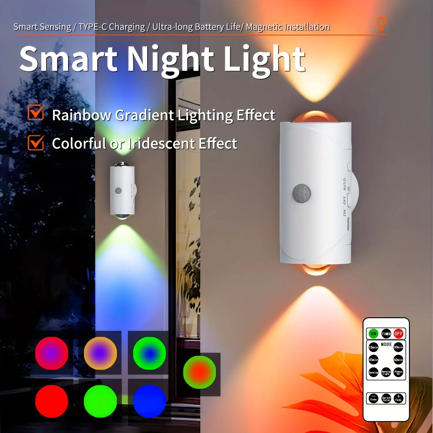Set of 2 or 4 LED motion wall lights, magnetic mounting for walls, 7 colors adjustable, dusk-to-dawn magnetic night light, suitable for living room, bedroom, hallway, home decor, home lighting, hallway lighting, modern wall lights, minimalist design, high