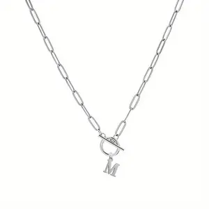 Letter Pendant Paperclip Chain Necklace With OT Clasp Simple Vacation Style Fashionable Daily Accessory For Women