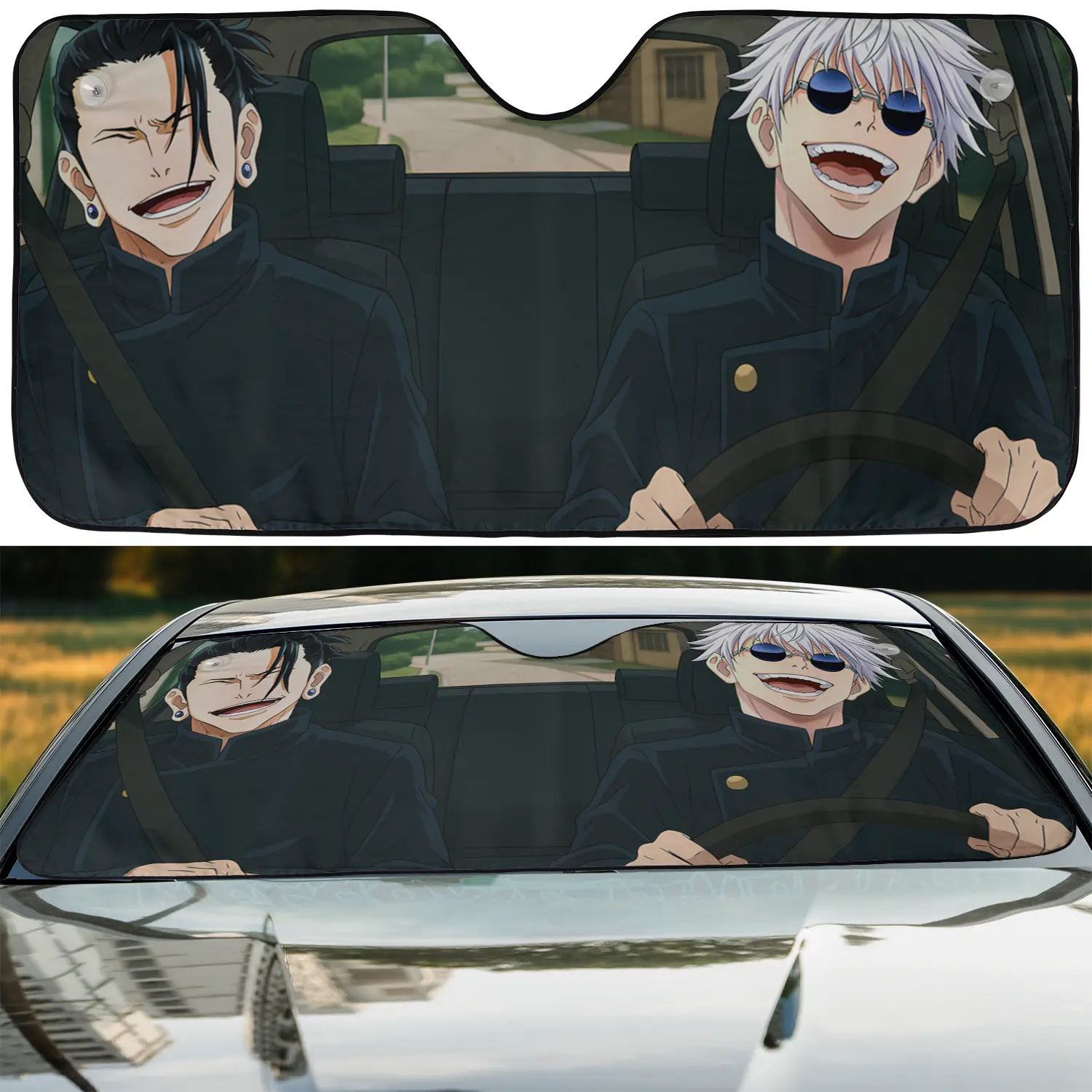 Jujutsu kaisen gojo and geto driving car auto sunshades
