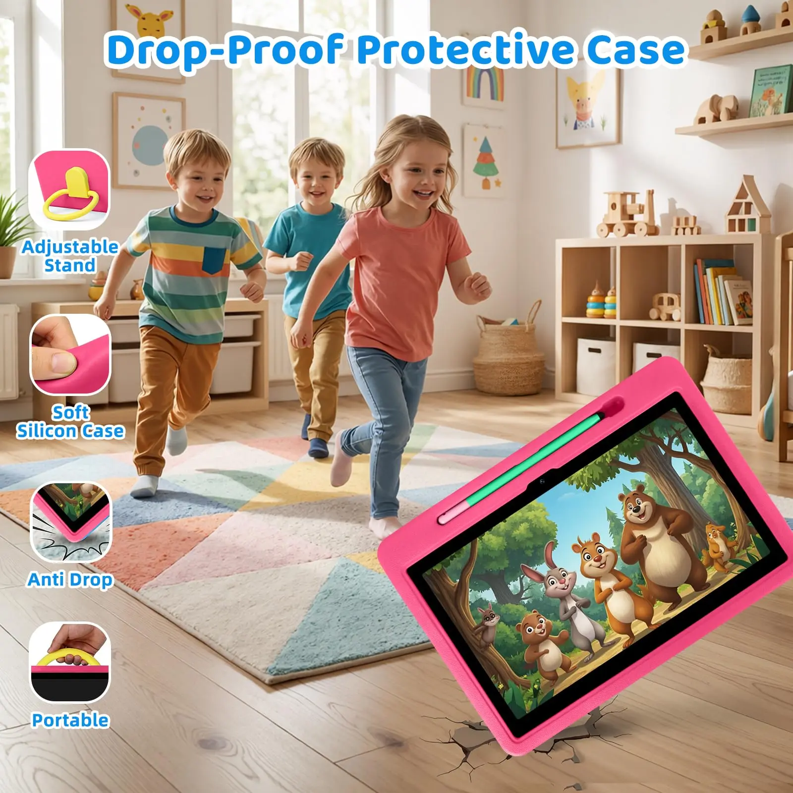 2026 Upgraded Android 16 Kids' Tablet, 10-inch, 20GB RAM, 64GB ROM (Expandable to 1TB), 6000 mAh Battery, Parental Controls, UKIDOZ Kids Space, Widevine L1 HD, Pink Protective Case with Stylus