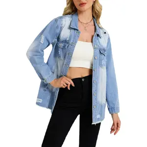 Women’s Distressed Denim Jacket Long Sleeve Ripped Jean Coat with Frayed Hem, Casual Loose Fit Button Down Outerwear