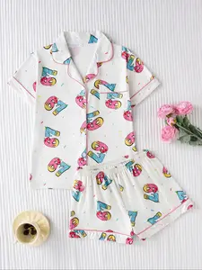 Women's Two-Piece Set Digital '67' Printed Short Sleeve Pajamas, Collared Button-Up Top & Loose Comfortable Shorts, Elegant Sleepwear