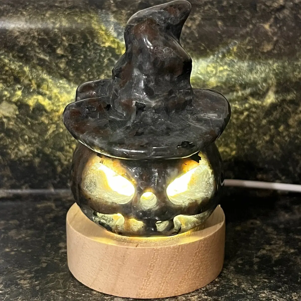 Labradorite Jack O Lantern Light with Witch Hat for Halloween