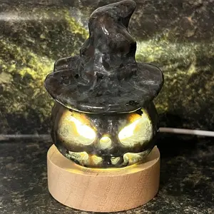 Labradorite Jack O Lantern Light with Witch Hat for Halloween