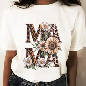 "Mama", The Letters Are In Leopard Print, With Daisies And Sunflowers Dotted Between The Letters, As Well As Green Branches And Leaves, Casual T-Shirt.