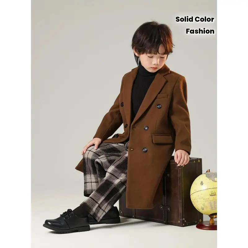 [Stylish |             Double-Breasted] Boys' Stylish Double-Breasted Long Fleece Overcoat |             Solid Color with Lapel Collar |             Sleek Silhouette for Fall/Winter
