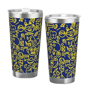 20oz Aesthetic Glass Tumbler, Double Silver Edge Wide Mouth Leakproof Car Cup with Vibrant Blue Background & Playful Yellow Doodles for Stylish Kitchenware Drinkware