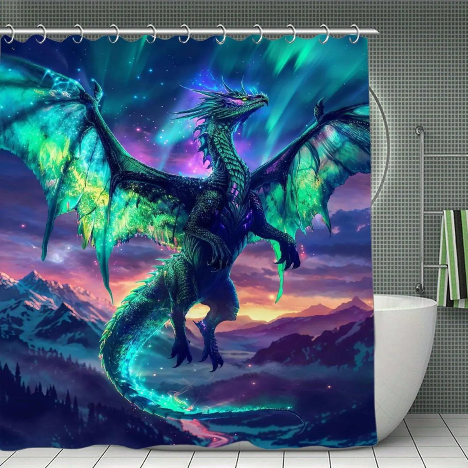 Fantasy Dragon Shower Curtain, Aurora Sky Mountain Scene Bathroom Decor, Colorful Mythical Creature Bath Curtain