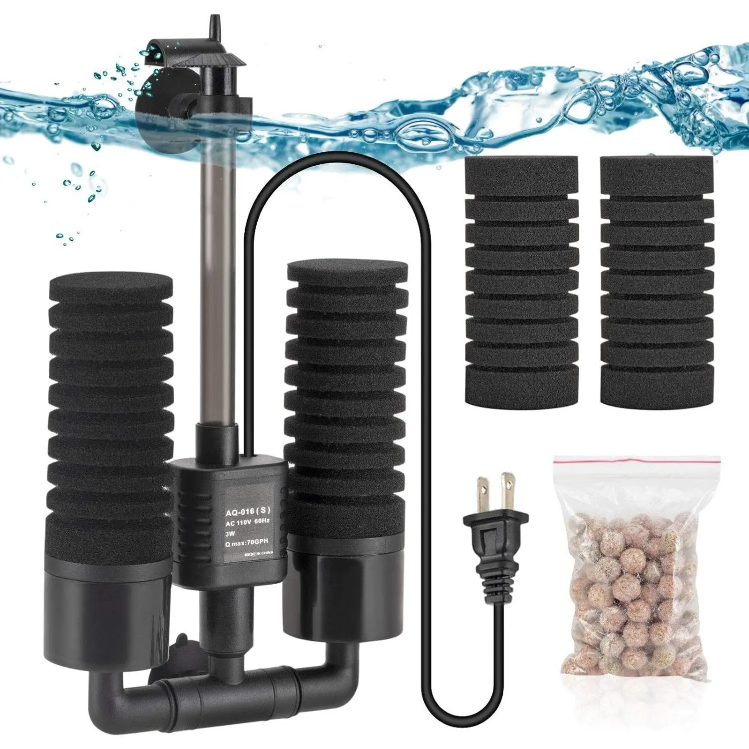 Aquarium Electric Power Sponge Filter,/5W Silence Submersible  Filter,Sponges Bio Ceramic Media Balls Double Filter for Saltwater Freshwater Fish  (S)