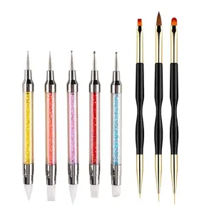 5PCS Dual-Ended Nail Art Sculpture Pen Dotting Tools with 3PCS Nail Painting Brushes, Silicone Nail Polish Brushes Stainless Steel Carving Drawing Tool, Acrylic Rhinestone Handle