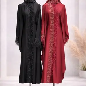 Dubai Butterfly Style Abaya in Burgundy with Textured Design and Fringe Detail, Perfect for Special Occasions