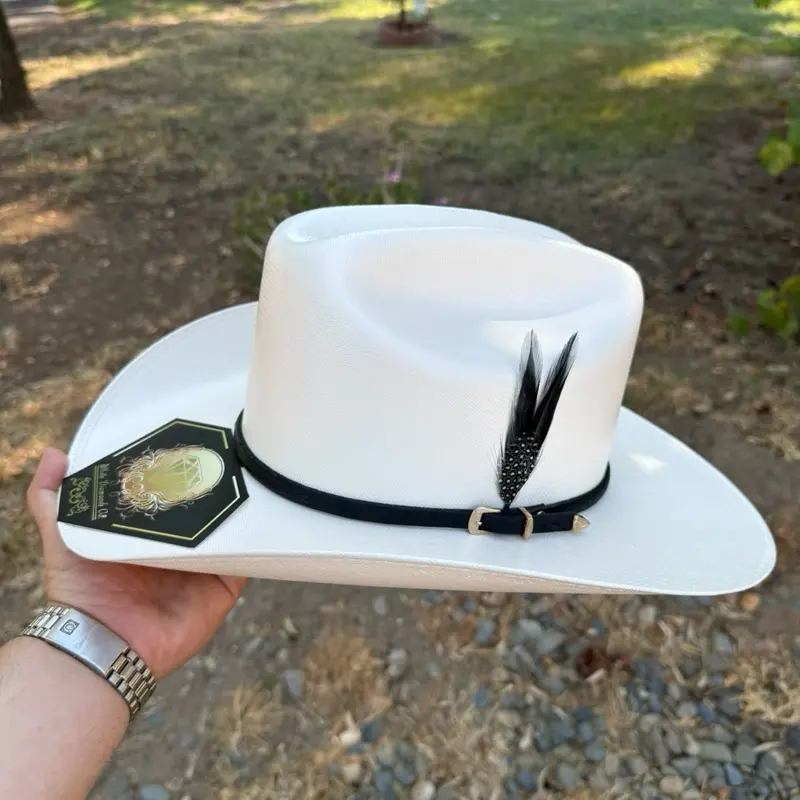 SOMBRERO 10,000X White Diamonds El Jefe Copa Baja Falda 3.5" Sinaloa Style with Gold-Edged Band & Feather Accent