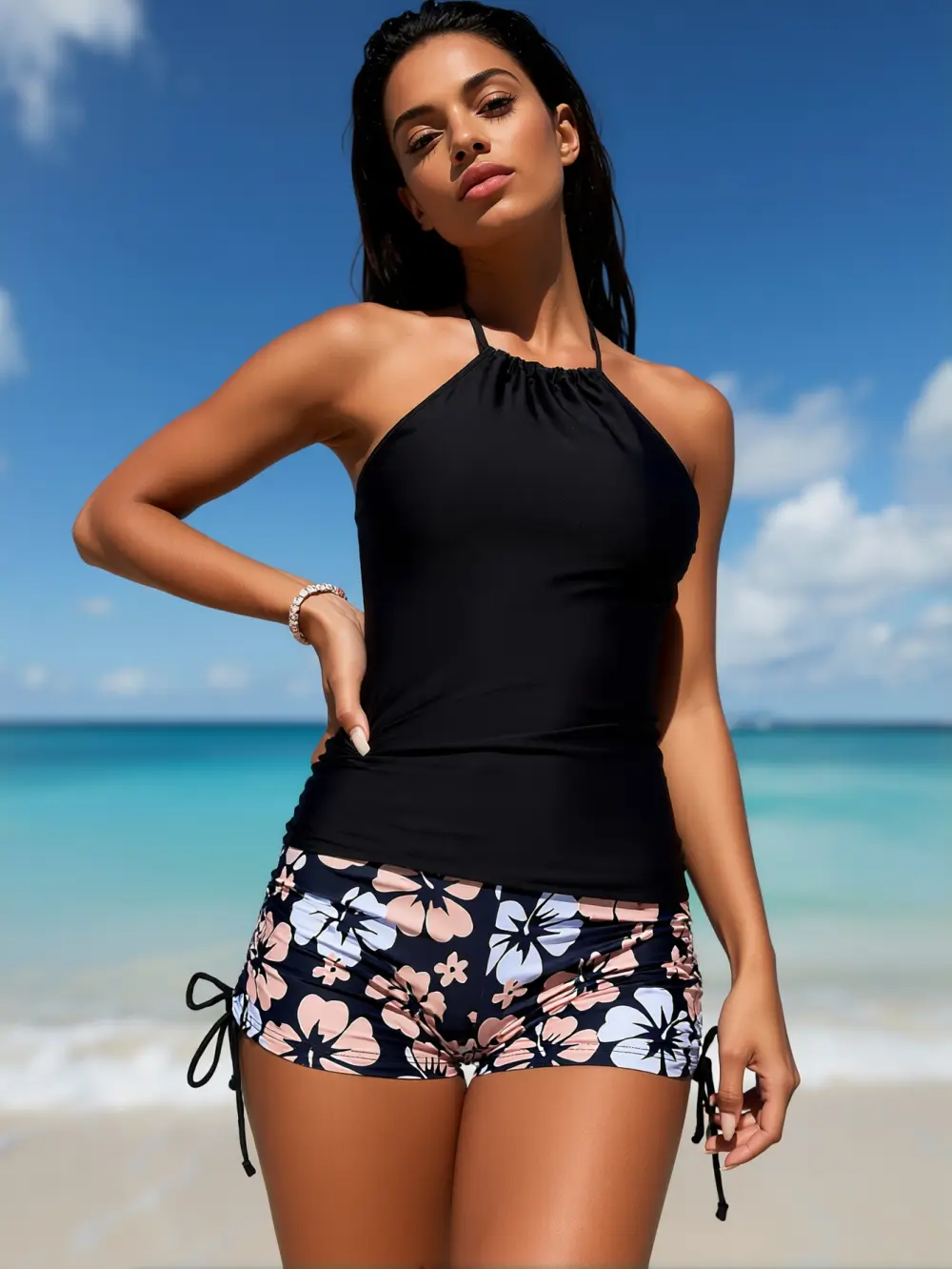 Women's 2-Piece Quick Dry Black Sports Tankini Boyshorts Set - Gathered Halter High Neck Top, Floral Drawstring Boyshorts, Activewear, Nylon Blend