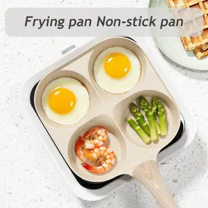 4-Cup Multifunctional Nonstick Egg Frying Pan – Medical Stone Coating Breakfast Skillet with Wooden Handle, Multi-Section Omelet Maker for Pancakes, Burgers & Eggs, Beige Non-Stick Cookware for Gas & Induction Stoves