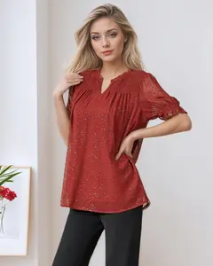 V-neck shirt, women's short sleeved casual red shirt, loose sequin embellished top LE-SY068