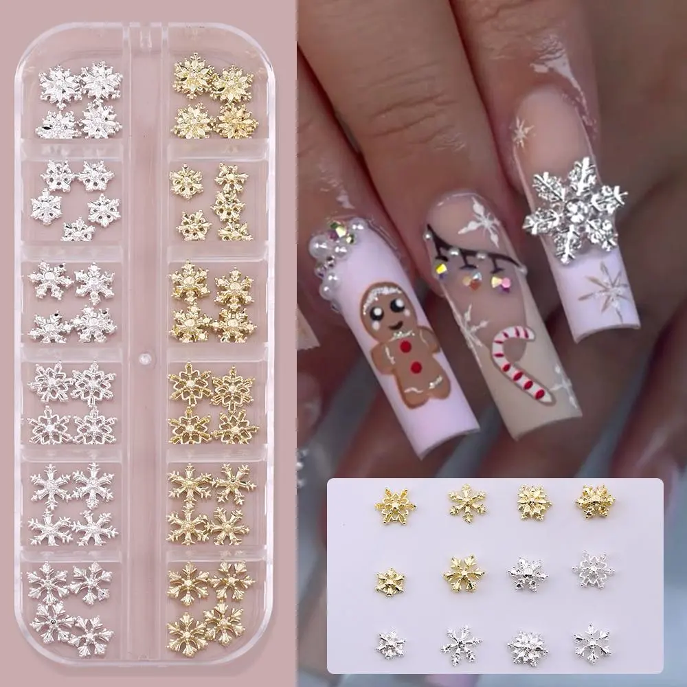 12 Grid Golden Silvery Snowflake Christmas Nail Charms Winter DIY Snowflake Nail Art Decoration DIY Manicure Accessories Parts