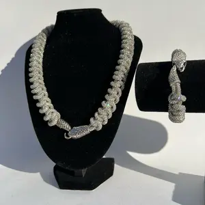 Crystal Snake Knot Necklace & Bracelet Set Handwoven Macrame Design with Rhinestone Rope Silver Snake Head Tail Hook Connector