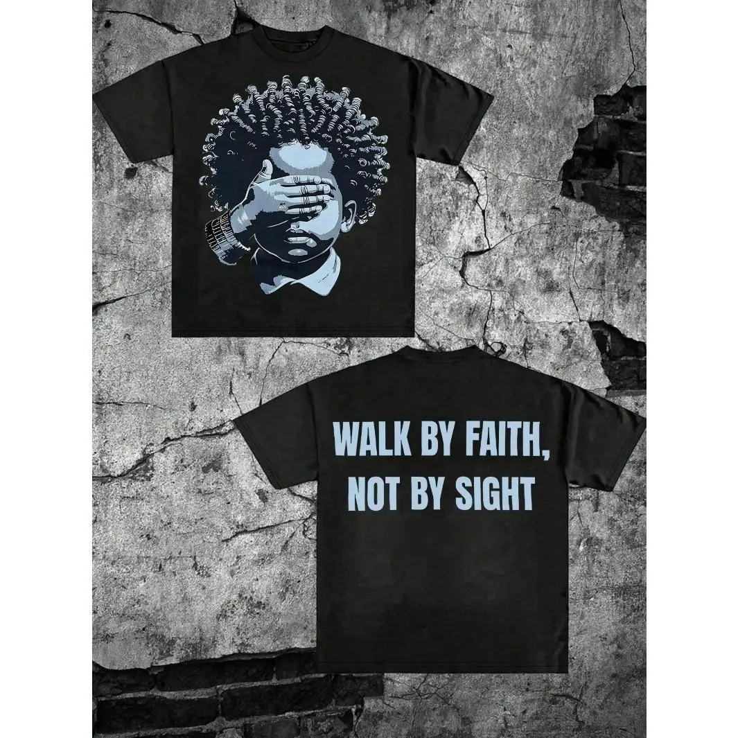 Unisex Oversized 100% Cotton Graphic Tee - Hand Over Eyes Digital Print, Walk By Faith Not By Sight, Lightweight Streetwear Short Sleeve Crewneck, Machine Washable Black Casual Sports Top
