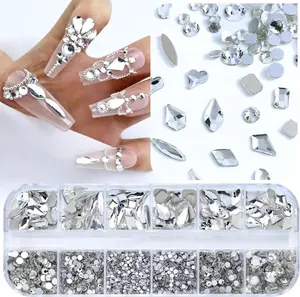 3200PCS Nail Art Rhinestones, Crystal Clear Flatback Rhinestones for Nails, Crafts, 12 Styles 3D Glass Crystal Nail Gems, White Diamond Stones
