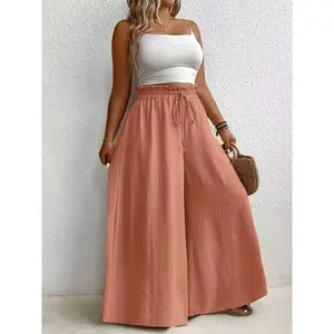 [Elegant Casual Pants] Elegant Mustard Yellow Wide-Leg Pants for Women - Lightweight Polyester, Relaxed Outing Attire - Casual Summer Commuter Style with Decorative Tie Waist, Machine Washable, Glossy Texture