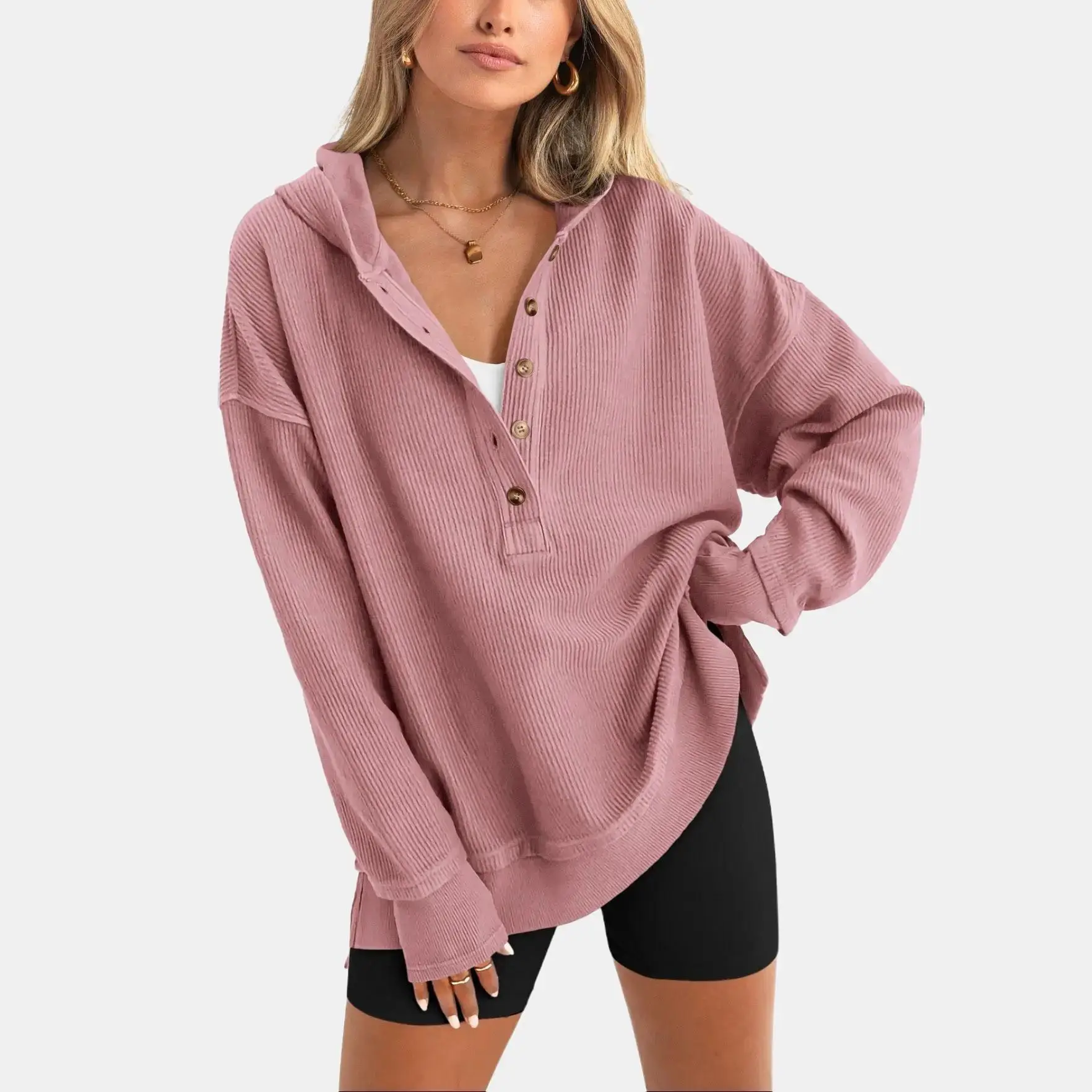PrettyGarden Womens Fashion Long Sleeve Hoodie Oversized Button Up V Neck Sweatshirt Side Slit Casual Pullover Tops-Womenswear #TikTokShopSummerTurnu