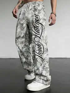 American Vintage Camouflage Leaf Print Sweatpants for Men, Casual Letter Print Straight Leg Wide Leg Long Pants, Trendy Fashion