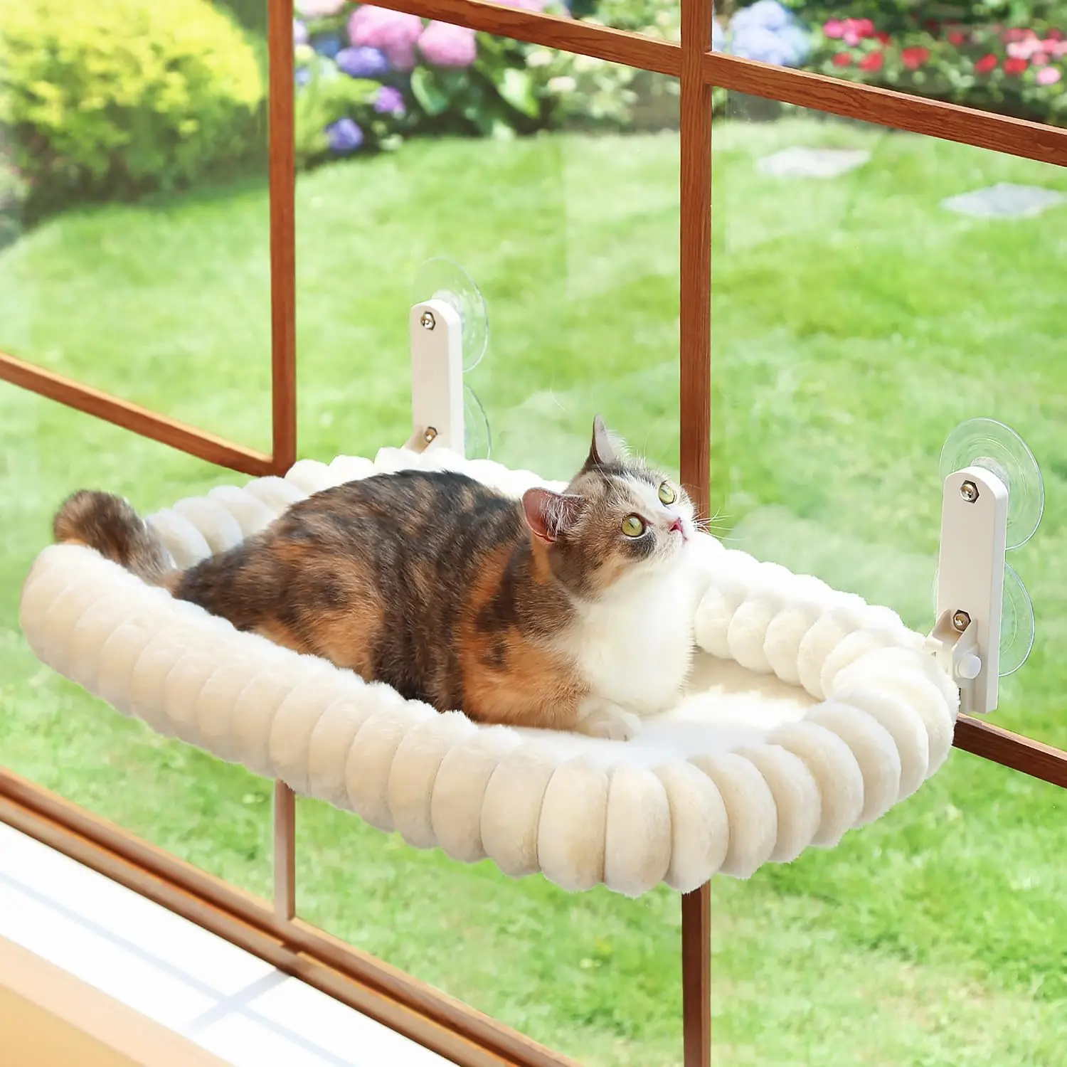 Snugcloud Foldable Cat Window Perch - Cordless, Ultra Soft Machine Washable Bed with 4-Sided Bolster, Metal Frame - Window Hammock for Large Cats and Kittens (Cream White, Large) Zakkart