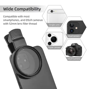 ND2-ND400 52mm Clip-on ND Filter - Adjustable Light Reduction, Multi-Coated for Glare Reduction, Compatible with iPhone 15, 14, 13, 12, 11, Samsung, Google Pixel