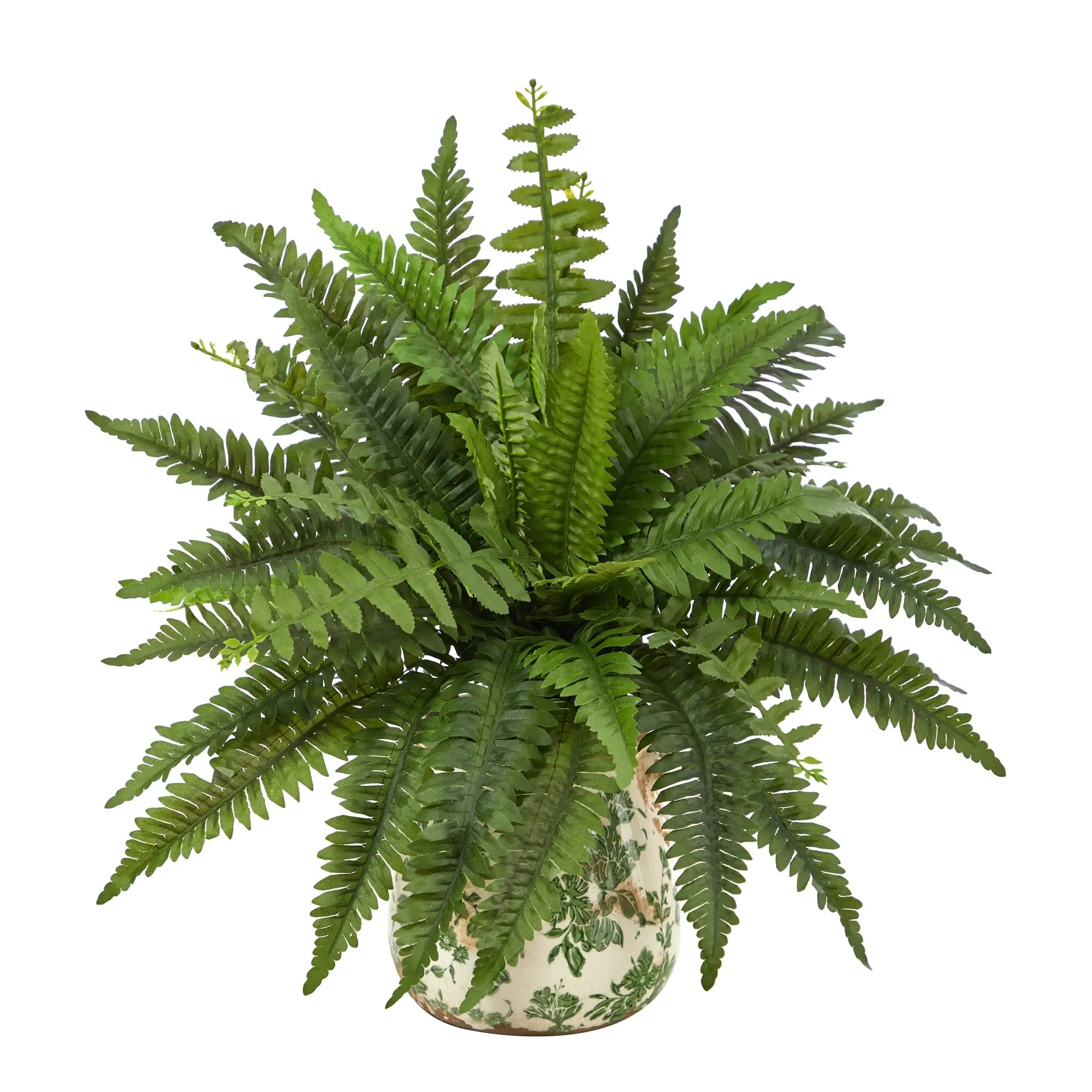 15” Decorative Artificial Boston Fern Plant with Tuscan Ceramic Green Scroll Planter, Tropical Home Decor Accessory, Artificial Boston Ferns