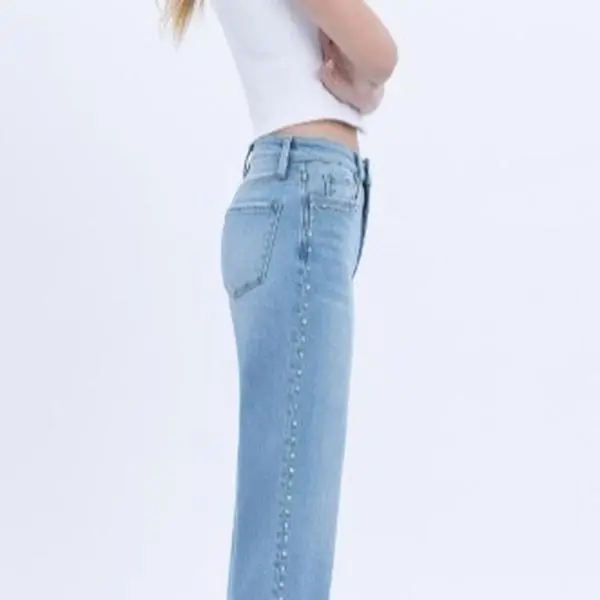 Plus Daya Jean High-Waisted Slim Fit Light Blue Denim with Rhinestone Embellishments for Women