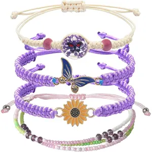 4PCS String Beads Charm Bracelets for Teen Girls Dainty Cute Cartoon Butterfly Daisy Eternal Flower Beads Bracelets Set Adjustable Stretch Bracelet Birthday Gift For Women and Girls