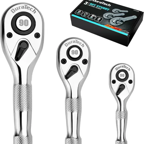 #BacktoSchool DURATECH 3PCS Stubby Ratchet Wrench Set, 90-Tooth 1/4" 3/8" 1/2" Drive Socket Wrench, Mini Small Ratchet with CR-MO Head, Quick-Release & Reversible Design, Full Polished, EVA Organizer