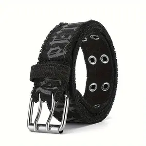 Vintage Frayed Canvas Belt Gothic Letter Print Double Prong Buckle for Men & Women Grunge Y2K Punk Style Heavy Duty Canvas Adjustable Belt