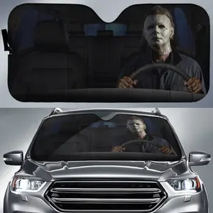 Michael Myers Halloween Themed Car Sunshade, Sturdy Sun Shade, Uv Protective Sunshade - UV Protection Windshield Accessory with Insulation Bubble Material, Fits Most Vehicles, Durable Polyester Material, Perfect for Halloween, Spooky Car Decor