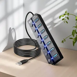 Premium USB 3.0 HUB with 7 Ports and 4 USB Independent Switches, LED Indicator, Compatible with MacBook and PCs, Portable Laptop Docking Station