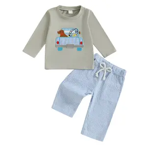 Kids Toddler Baby Boy Fall Outfit Long Sleeve Dog Truck Embroidery Stripes Tops Plaid Pants Set 2Pcs Matching Warm Clothes