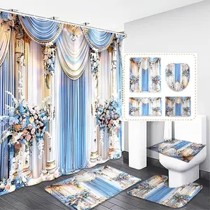 Elegant Blue & Gold Floral Removable Shower Curtain Set, Waterproof Bathroom Decor, Includes 12 Plastic Hooks, Non-Slip Mat, Toilet Lid Cover, U-Shaped Pad
