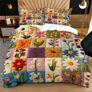 Floral Patchwork Print Bedding Set, Perfect Gift for Grandma, Decorative Bedsheet Sets, Adult Bedroom Decor, Includes 1 Fitted Sheet and 1 or 2 Pillowcases